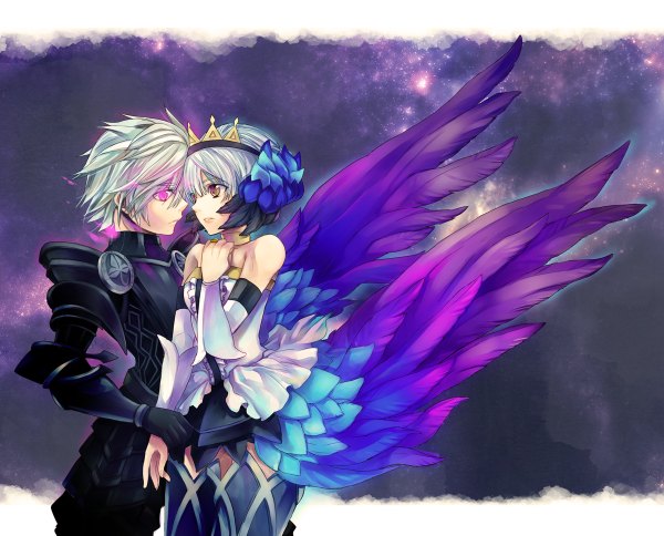Anime picture 1200x968 with odin sphere vanillaware gwendolyn touge78 short hair purple eyes bare shoulders yellow eyes white hair couple glowing hand on chest glowing eye (eyes) girl thighhighs boy detached sleeves wings boots armor