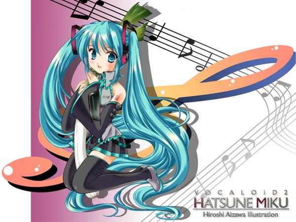 Anime picture 1600x1200 with vocaloid hatsune miku aizawa hiroshi single looking at viewer twintails bare shoulders signed full body very long hair aqua eyes aqua hair wallpaper copyright name character names treble clef girl thighhighs black thighhighs detached sleeves