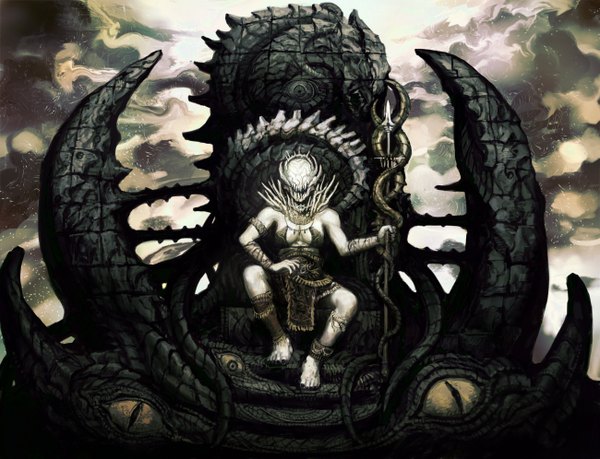 Anime picture 1300x995 with original tekkotsu (artist) sitting barefoot fantasy eyes weapon staff skull dragon monster spear throne