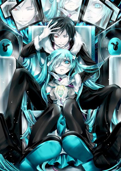 Anime picture 1062x1500 with durarara!! vocaloid brains base (studio) hatsune miku orihara izaya touya yuki long hair tall image short hair black hair red eyes sitting twintails green eyes one eye closed wink couple pale skin bandage over one eye girl