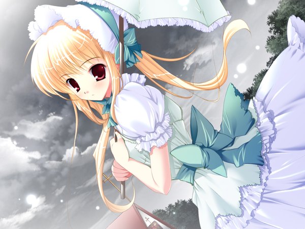 Anime picture 1600x1200 with original mikeou single long hair looking at viewer blush blonde hair twintails sky cloud (clouds) puffy sleeves girl dress hat umbrella cross church