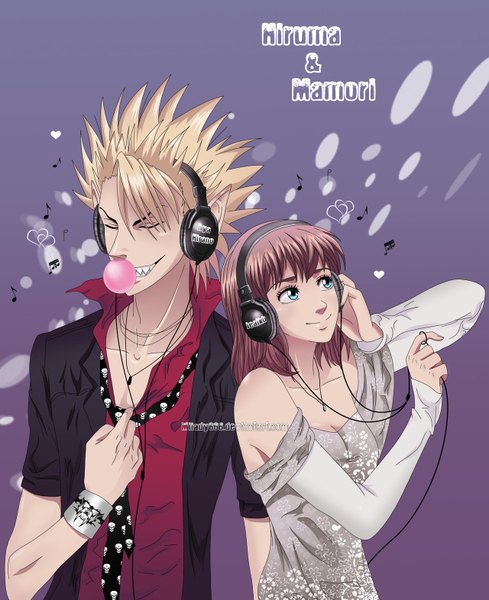 Anime picture 1280x1572 with eyeshield 21 production i.g hiruma youichi anezaki mamori milady666 tall image short hair blue eyes blonde hair simple background brown hair eyes closed pointy ears teeth purple background sharp teeth spiked hair girl boy necktie