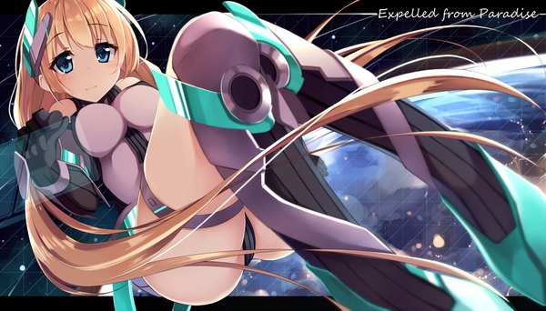 Anime picture 1487x850 with expelled from paradise angela balzac netarou single looking at viewer blush light erotic blonde hair wide image twintails bent knee (knees) very long hair inscription copyright name space girl gloves black gloves elbow gloves belt
