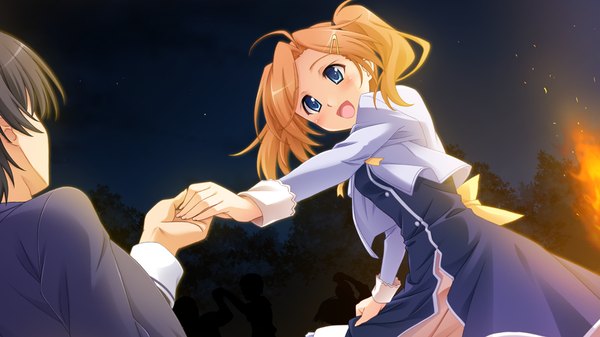 Anime picture 1024x576 with yukiiro blush short hair open mouth blue eyes wide image twintails game cg orange hair short twintails girl boy uniform school uniform