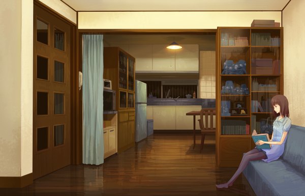 Anime picture 1400x900 with original tachikoma juuyonkou long hair short hair brown hair sitting brown eyes reading girl pantyhose book (books) curtains couch lamp room door