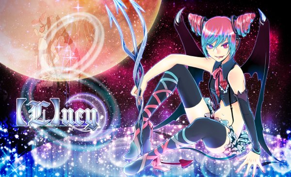Anime picture 1312x800 with vocaloid hatsune miku momopanda single looking at viewer smile wide image sitting bare shoulders nail polish multicolored hair heterochromia demon girl space smirk girl navel bow ribbon (ribbons) wings