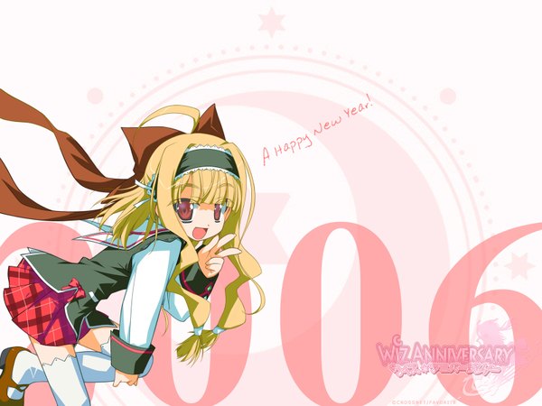 Anime picture 1600x1200 with wiz anniversary alice alicetel fernek long hair open mouth blonde hair red eyes ahoge victory new year happy new year 2006 girl thighhighs skirt uniform bow hair bow school uniform white thighhighs hairband