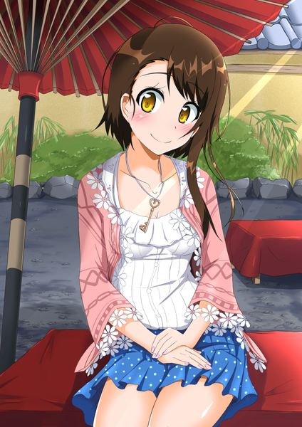 Anime picture 707x1000 with nisekoi shaft (studio) onodera kosaki cla (torinabe) single tall image blush fringe short hair breasts smile brown hair sitting yellow eyes looking away ahoge outdoors head tilt fingernails sunlight