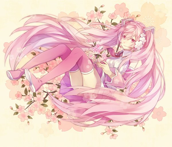Anime picture 900x771 with vocaloid hatsune miku sakura miku yuzuki karu single smile twintails bare shoulders looking away pink hair very long hair pink eyes hair flower cherry blossoms weightlessness girl skirt hair ornament flower (flowers) plant (plants)