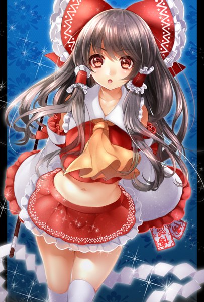 Anime picture 900x1330 with touhou hakurei reimu tsukiriran single long hair tall image looking at viewer open mouth black hair red eyes girl thighhighs skirt navel bow hair bow detached sleeves white thighhighs skirt set gohei
