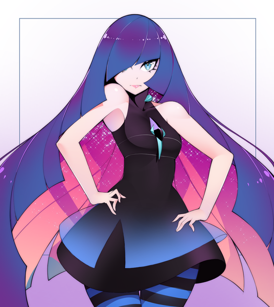 Anime picture 1178x1318 with pokemon panty & stocking with garterbelt pokemon sm nintendo anarchy stocking lusamine (pokemon) halphelt single long hair tall image looking at viewer fringe simple background bare shoulders purple hair multicolored hair aqua eyes hair over one eye two-tone hair sleeveless