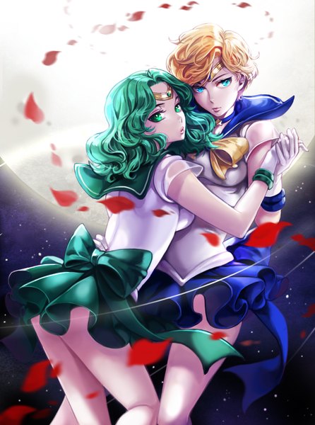 Anime picture 800x1076 with bishoujo senshi sailor moon toei animation kaiou michiru tenou haruka sailor neptune sailor uranus bbbox (hotpppink) long hair tall image looking at viewer fringe short hair blue eyes blonde hair standing multiple girls green eyes looking away green hair lips