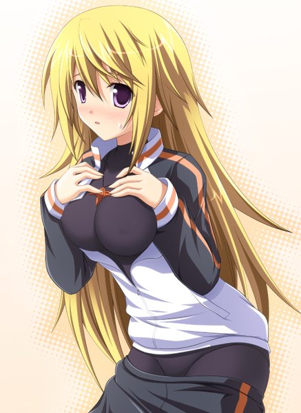 Anime picture 1000x1370 with infinite stratos 8bit charles dunois tsuda akira long hair tall image blush breasts light erotic blonde hair purple eyes girl uniform gym uniform