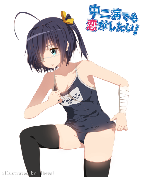 Anime picture 3500x4300 with chuunibyou demo koi ga shitai! kyoto animation takanashi rikka hews tall image highres short hair blue eyes light erotic blue hair absurdres one side up transparent background girl thighhighs black thighhighs swimsuit one-piece swimsuit bandage (bandages) school swimsuit