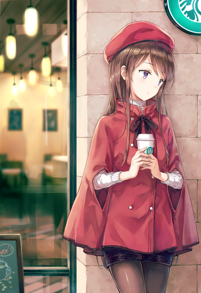 Anime picture 800x1163 with aikatsu! starbucks shibuki ran hiten (hitenkei) single long hair tall image blush fringe brown hair standing purple eyes holding payot looking away wide sleeves girl bow pantyhose shorts