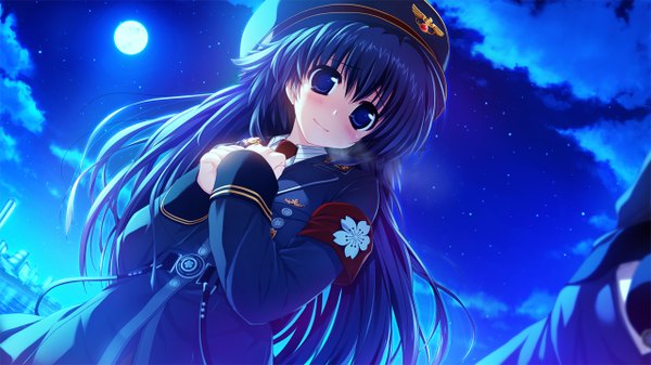 Anime picture 1280x720 with kamikaze explorer! osami saori long hair blue eyes black hair wide image game cg night girl uniform moon military uniform