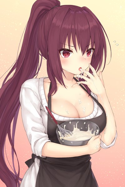 Anime picture 966x1450 with fate (series) fate/grand order scathach (fate) (all) scathach (fate) mashuu (neko no oyashiro) single long hair tall image blush fringe breasts light erotic simple background hair between eyes red eyes large breasts payot looking away cleavage ponytail