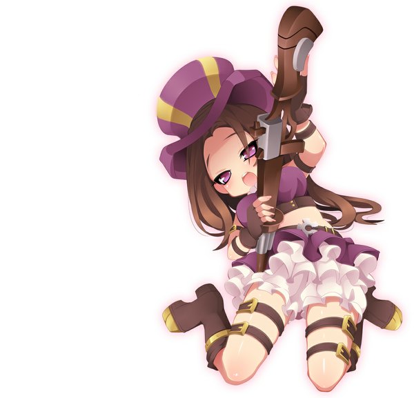 Anime picture 1000x962 with league of legends caitlyn (league of legends) single long hair looking at viewer blush open mouth brown hair white background purple eyes legs girl skirt navel hat shoes gun