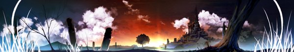 Anime picture 1800x319 with original hirokiku wide image cloud (clouds) evening sunset landscape scenic panorama plant (plants) tree (trees) castle pillar column