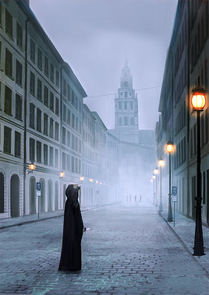 Anime picture 695x982 with original pixiv fantasia pixiv fantasia revenge of the darkness wasabi60 tall image standing holding full body silhouette street animal hood hood building (buildings) cloak clock knife people lamppost tower traffic sign