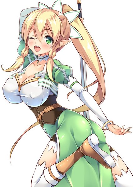 Anime picture 702x983 with sword art online a-1 pictures leafa iroha (unyun) single long hair tall image looking at viewer blush breasts open mouth light erotic blonde hair simple background large breasts white background green eyes cleavage ponytail one eye closed