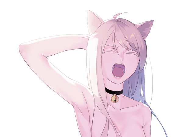 Anime picture 1698x1278 with original haruwakame single long hair fringe open mouth simple background white background animal ears ahoge eyes closed cat ears topless yawn girl bell collar jingle bell