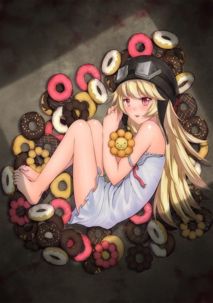 Anime picture 846x1200 with bakemonogatari shaft (studio) monogatari (series) mister donut oshino shinobu kai (link2262) single long hair tall image looking at viewer blush blonde hair red eyes bare shoulders barefoot loli legs girl food goggles