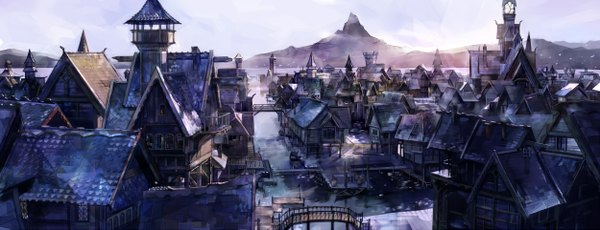 Anime picture 2500x961 with the hobbit saiga tokihito highres wide image city cityscape mountain no people river building (buildings) bridge watercraft tower boat