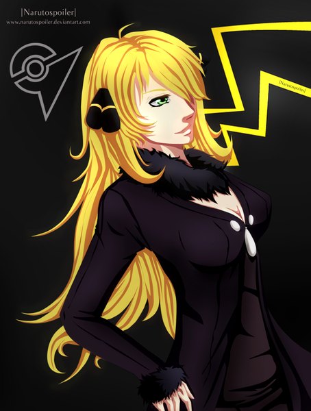 Anime picture 1791x2367 with pokemon nintendo i-azu single long hair tall image fringe highres blonde hair smile green eyes hair over one eye coloring black background girl fur