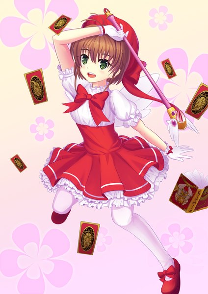 Anime picture 1240x1754 with card captor sakura clamp kinomoto sakura dance of eternity single tall image looking at viewer short hair open mouth brown hair green eyes loli girl dress gloves beret card (cards) fuuin no tsue