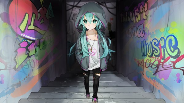 Anime picture 960x540 with vocaloid hatsune miku marchen noir single long hair looking at viewer fringe hair between eyes wide image twintails full body aqua eyes from above aqua hair inscription open clothes open jacket text torn clothes low twintails