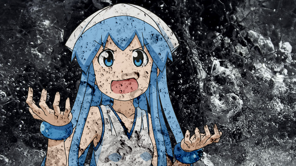 Anime picture 1920x1080 with shinryaku! ika musume ika musume single long hair highres open mouth blue eyes wide image blue hair girl dress hat bracelet sundress bubble (bubbles)