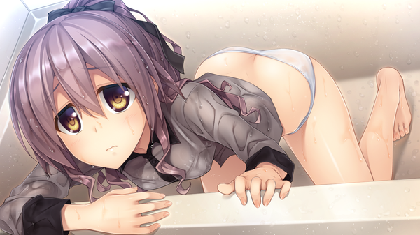 Anime picture 1280x720 with hataraku otona no ren'ai jijou akabei soft3 naruto tomoe single long hair looking at viewer blush light erotic wide image brown eyes game cg purple hair wet clothes girl underwear panties white panties