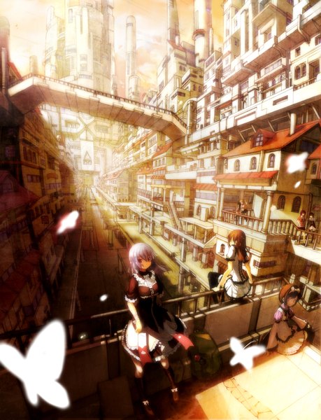 Anime picture 2480x3242 with original spirtie long hair tall image highres short hair red eyes brown hair multiple girls white hair city 6+ girls architecture 7 girls girl dress insect building (buildings) butterfly house