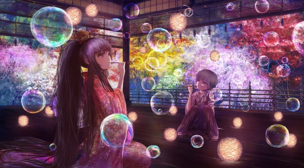Anime picture 2000x1106 with original popopo long hair fringe highres short hair wide image sitting multiple girls looking away purple hair bent knee (knees) ponytail indoors long sleeves traditional clothes japanese clothes grey hair wide sleeves kneeling