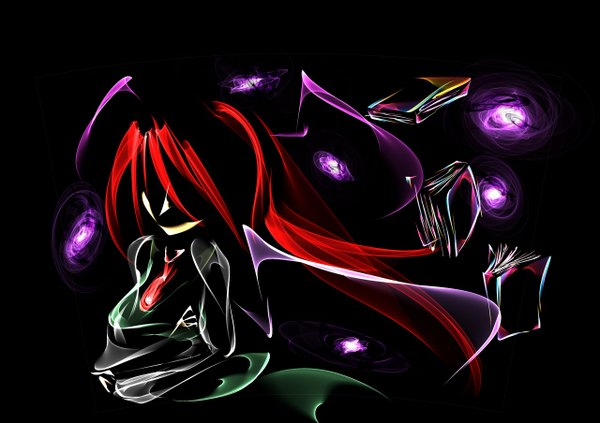 Anime picture 1280x904 with touhou koakuma long hair simple background red hair black background crossed arms head wings girl wings book (books)