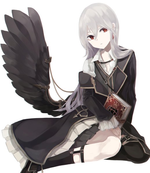 Anime picture 2418x2800 with original roa (ogami ren) ogami ren single long hair tall image looking at viewer fringe highres simple background hair between eyes red eyes white background sitting bent knee (knees) grey hair piercing ear piercing black wings yokozuwari