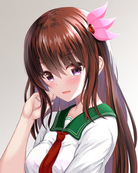 Anime picture 980x1228 with kantai collection kisaragi destroyer takamichis211 single long hair tall image looking at viewer blush fringe breasts open mouth simple background smile brown hair purple eyes upper body grey background short sleeves hair over eyes girl