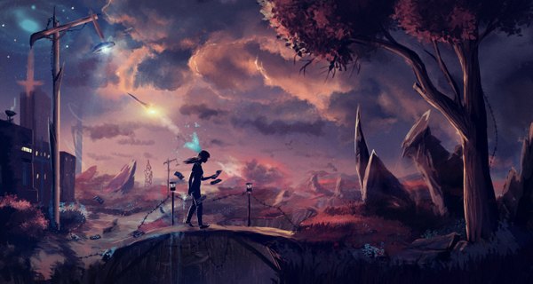 Anime picture 2799x1493 with original sylar113 long hair highres wide image standing sky cloud (clouds) outdoors girl plant (plants) tree (trees) insect building (buildings) butterfly lantern paper bridge lamppost barbed wire