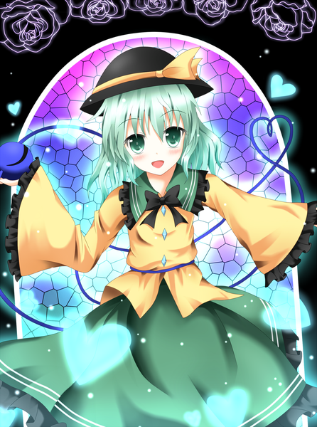 Anime picture 1859x2500 with touhou komeiji koishi single tall image blush highres short hair open mouth green eyes green hair heart of string girl bow hat heart