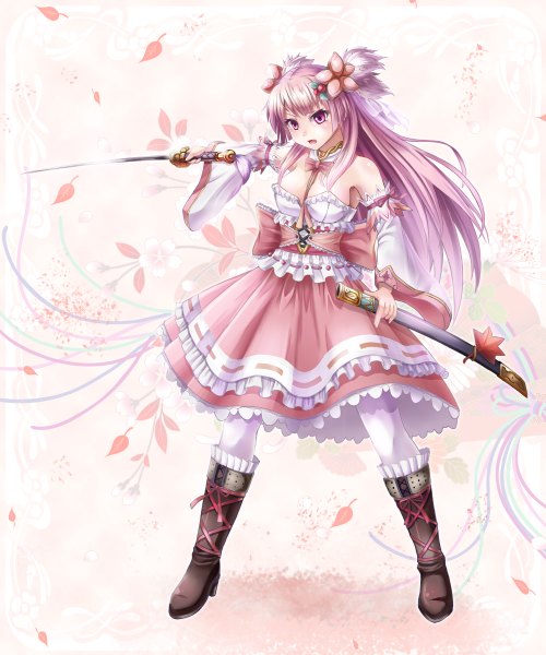 Anime picture 1000x1200 with original noe noel long hair tall image open mouth purple eyes pink hair girl dress hair ornament weapon detached sleeves sword leaf (leaves)