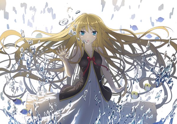 Anime picture 2063x1457 with original toritori (yakitoriya) single looking at viewer highres open mouth blue eyes blonde hair very long hair girl dress animal bubble (bubbles) fish (fishes)