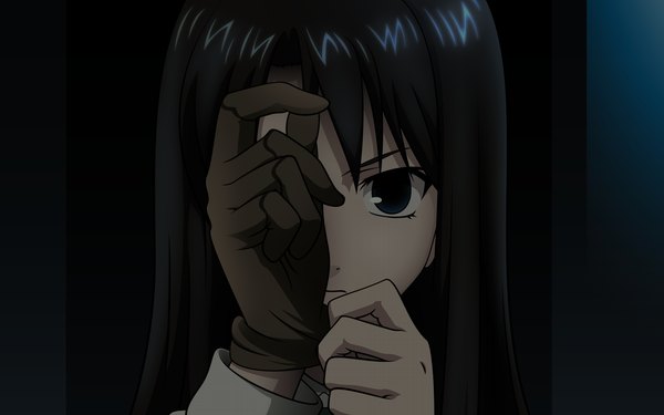 Anime picture 1680x1050 with kara no kyoukai type-moon kokutou azaka wide image dark background gloves