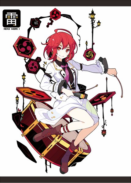 Anime picture 1000x1397 with touhou horikawa raiko ideolo single tall image looking at viewer blush short hair simple background smile red eyes white background ahoge red hair girl boots drum drumsticks