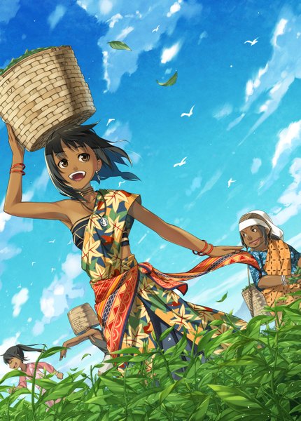 Anime picture 1011x1409 with original kimura (ykimu) tall image fringe open mouth black hair brown eyes sky cloud (clouds) ponytail traditional clothes from below dark skin happy running plant (plants) earrings bracelet