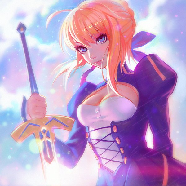 Anime picture 900x900 with fate (series) fate/stay night type-moon artoria pendragon (all) saber ilya kuvshinov single fringe breasts blue eyes blonde hair holding cleavage ahoge wind lips glowing glow girl dress