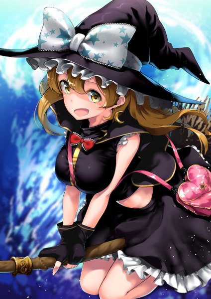Anime picture 868x1228 with touhou kirisame marisa pyz (cath x tech) single long hair tall image breasts open mouth blonde hair large breasts yellow eyes flying witch girl dress skirt gloves hat fingerless gloves bag