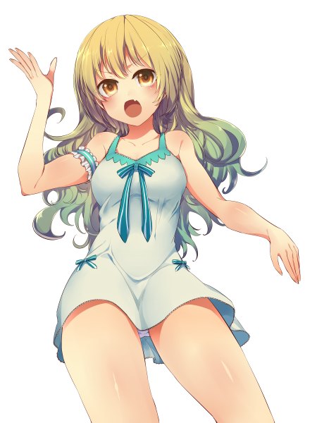Anime picture 900x1200 with original nitaka (fujikichi) single long hair tall image blush fringe breasts open mouth light erotic simple background blonde hair large breasts white background yellow eyes cleavage teeth fang (fangs) wavy hair body blush