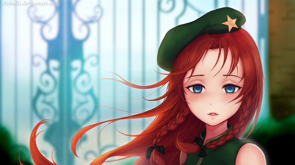 Anime picture 1920x1080 with touhou hong meiling eliskalti single long hair looking at viewer fringe highres blue eyes wide image red hair braid (braids) wind lips blurry depth of field twin braids girl bow hair bow