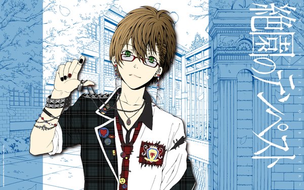 Anime picture 1920x1200 with zetsuen no tempest studio bones takigawa yoshino single looking at viewer highres short hair brown hair wide image standing green eyes nail polish light smile lips monochrome plaid outline plant (plants) earrings shirt